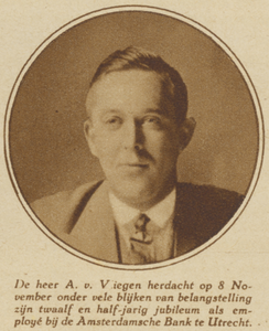 872338 Portret van A. van Viegen (vermoedelijk Rijnlaan17abis) te Utrecht, die 12½ jaar in dienst is bij de ...